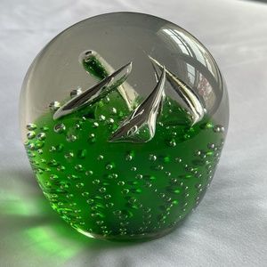 Green Blown Glass controlled bubbles paper weight decorative art